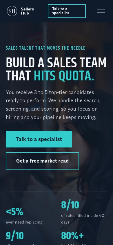 Inicio de Sellers Hub en móvil, con propuesta, enlaces de contacto y cifras del servicio.