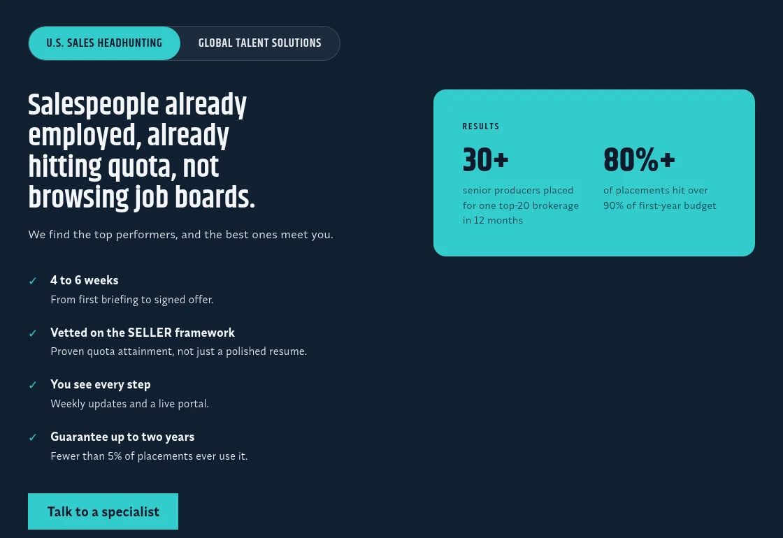 Pestañas de contratación en Estados Unidos y talento global de Sellers Hub.